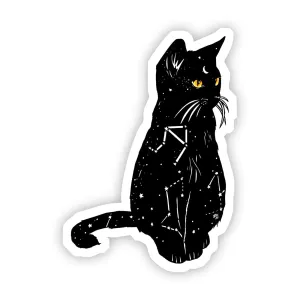 Black Cat with Yellow Eyes and Constellation Sticker - Sitting