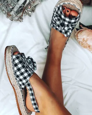 Slingback Bow Sandals in Black Gingham
