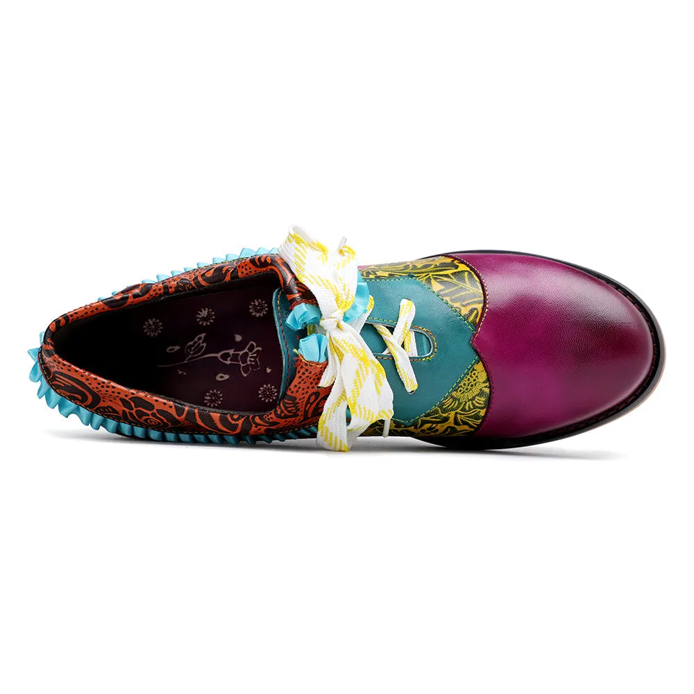 Zalor Bohemian Flower Splicing Pattern Lace Up Leather Low Heel Shoes