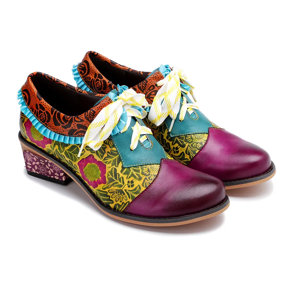 Zalor Bohemian Flower Splicing Pattern Lace Up Leather Low Heel Shoes