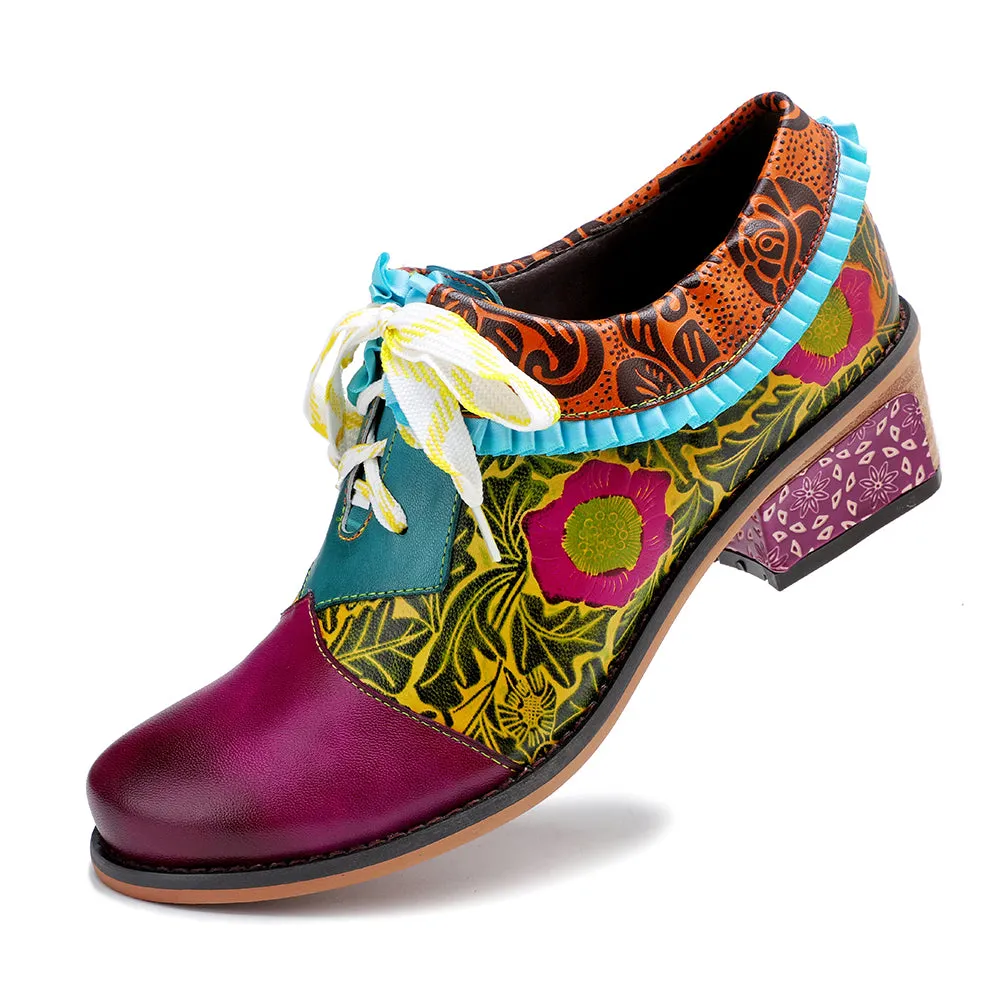 Zalor Bohemian Flower Splicing Pattern Lace Up Leather Low Heel Shoes