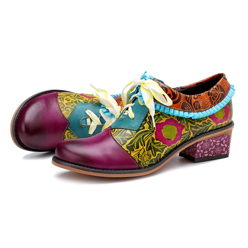 Zalor Bohemian Flower Splicing Pattern Lace Up Leather Low Heel Shoes