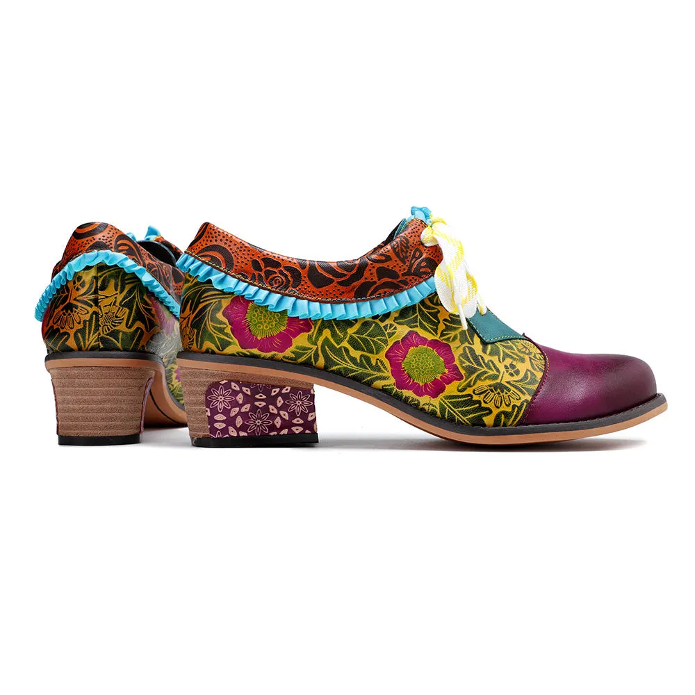 Zalor Bohemian Flower Splicing Pattern Lace Up Leather Low Heel Shoes