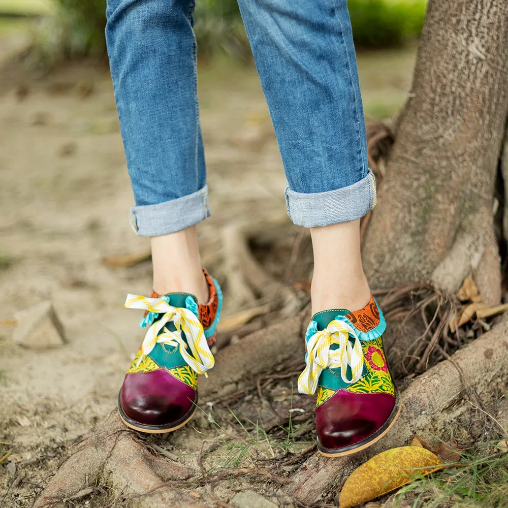 Zalor Bohemian Flower Splicing Pattern Lace Up Leather Low Heel Shoes