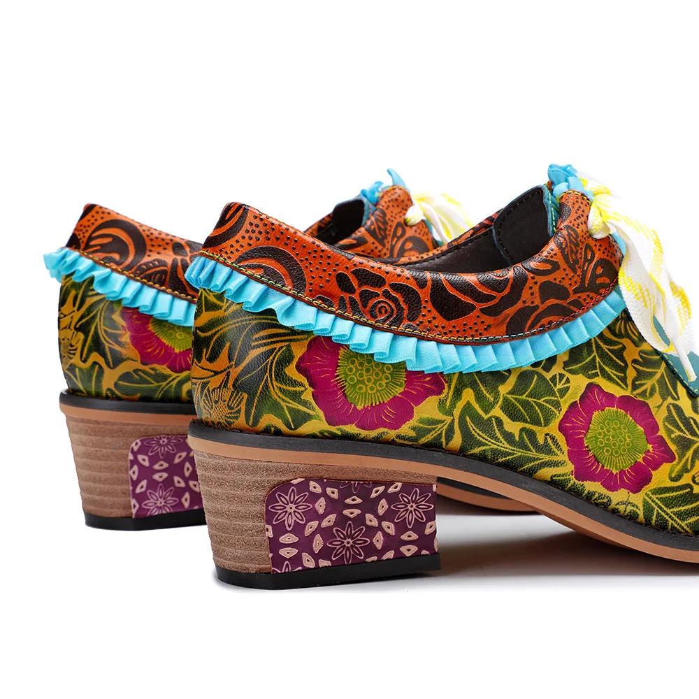 Zalor Bohemian Flower Splicing Pattern Lace Up Leather Low Heel Shoes