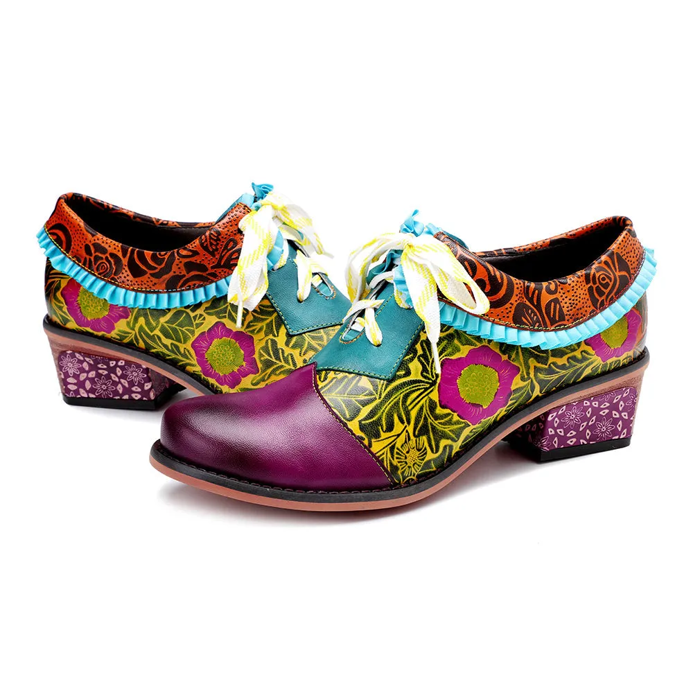 Zalor Bohemian Flower Splicing Pattern Lace Up Leather Low Heel Shoes