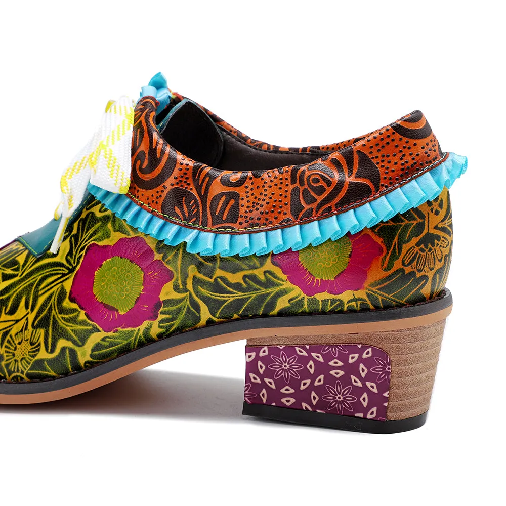 Zalor Bohemian Flower Splicing Pattern Lace Up Leather Low Heel Shoes