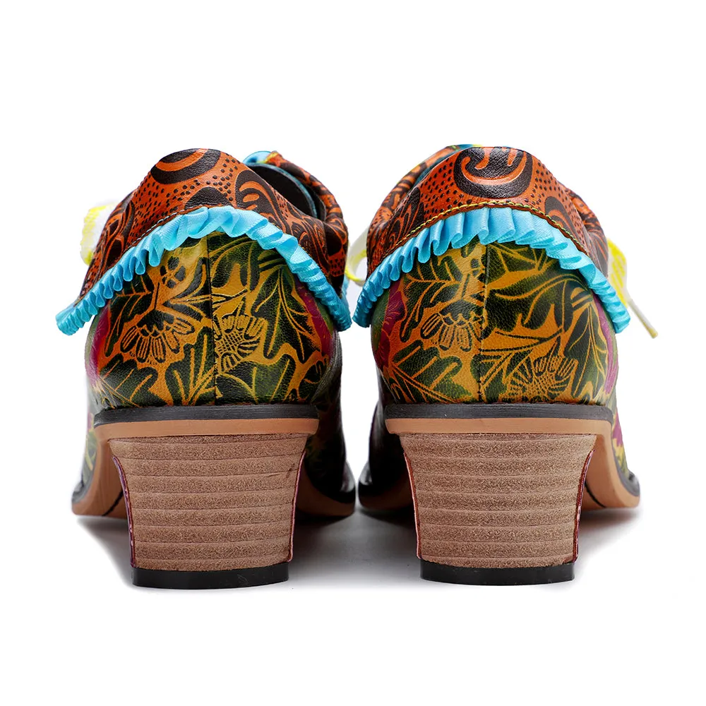 Zalor Bohemian Flower Splicing Pattern Lace Up Leather Low Heel Shoes