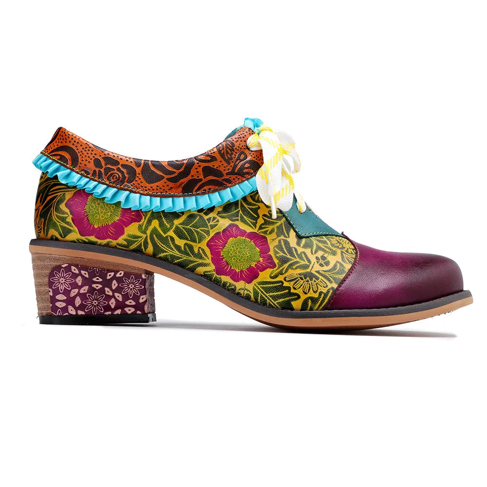 Zalor Bohemian Flower Splicing Pattern Lace Up Leather Low Heel Shoes