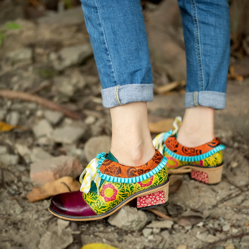 Zalor Bohemian Flower Splicing Pattern Lace Up Leather Low Heel Shoes