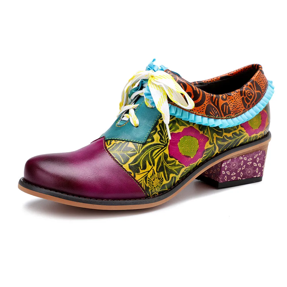 Zalor Bohemian Flower Splicing Pattern Lace Up Leather Low Heel Shoes