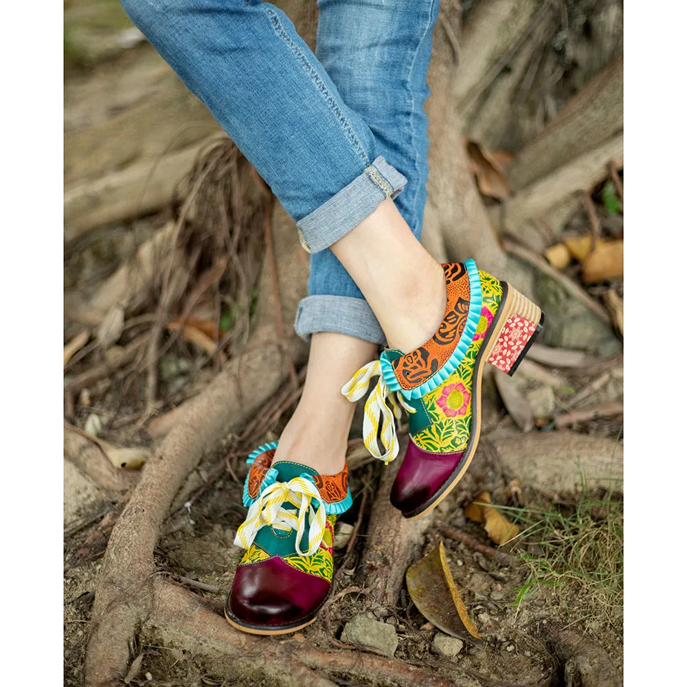 Zalor Bohemian Flower Splicing Pattern Lace Up Leather Low Heel Shoes
