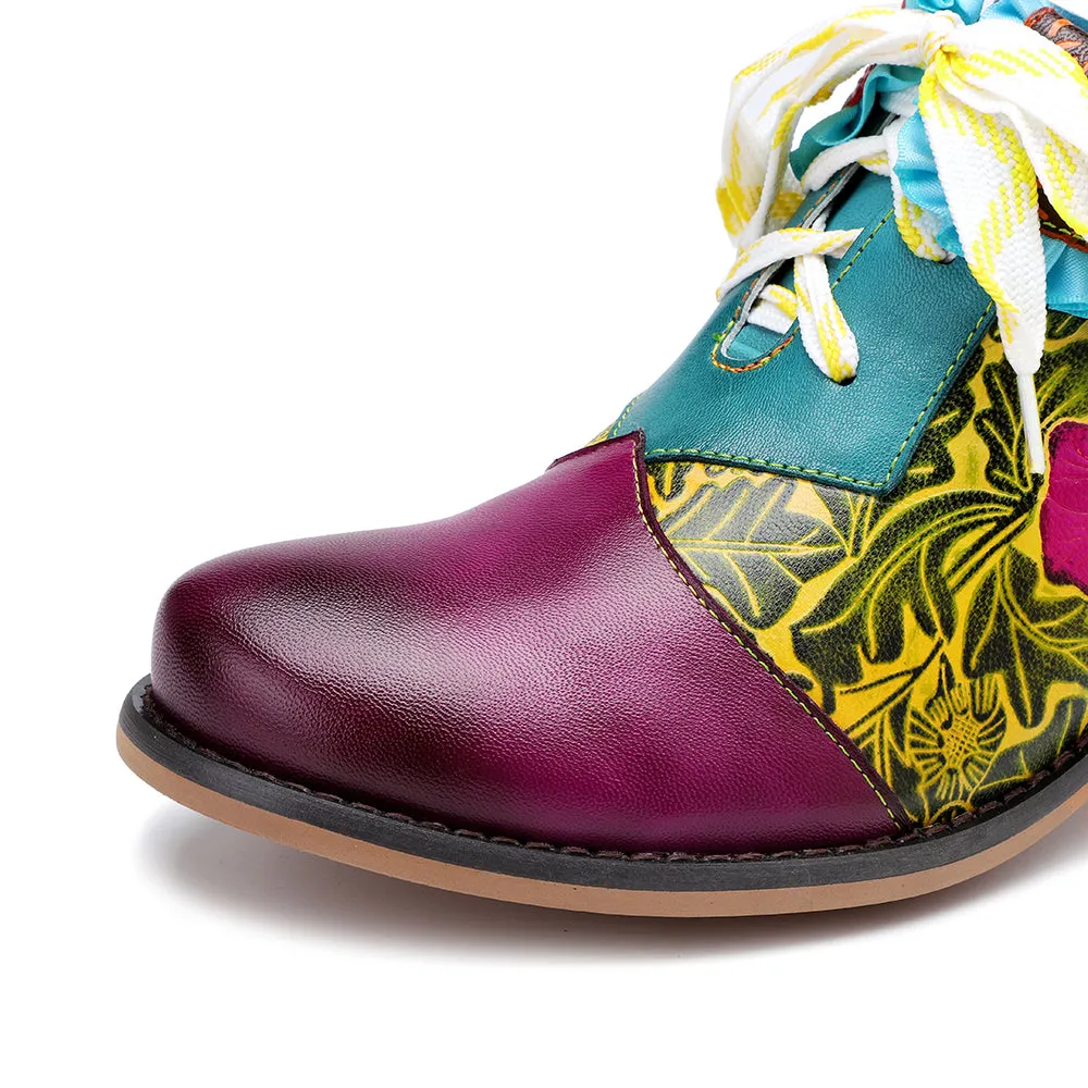 Zalor Bohemian Flower Splicing Pattern Lace Up Leather Low Heel Shoes
